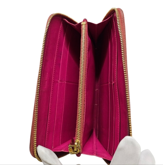 Miu Miu Patent Leather Continental Wallet with Bow Accent In Peony Pink And Gold - Picture 13 of 17
